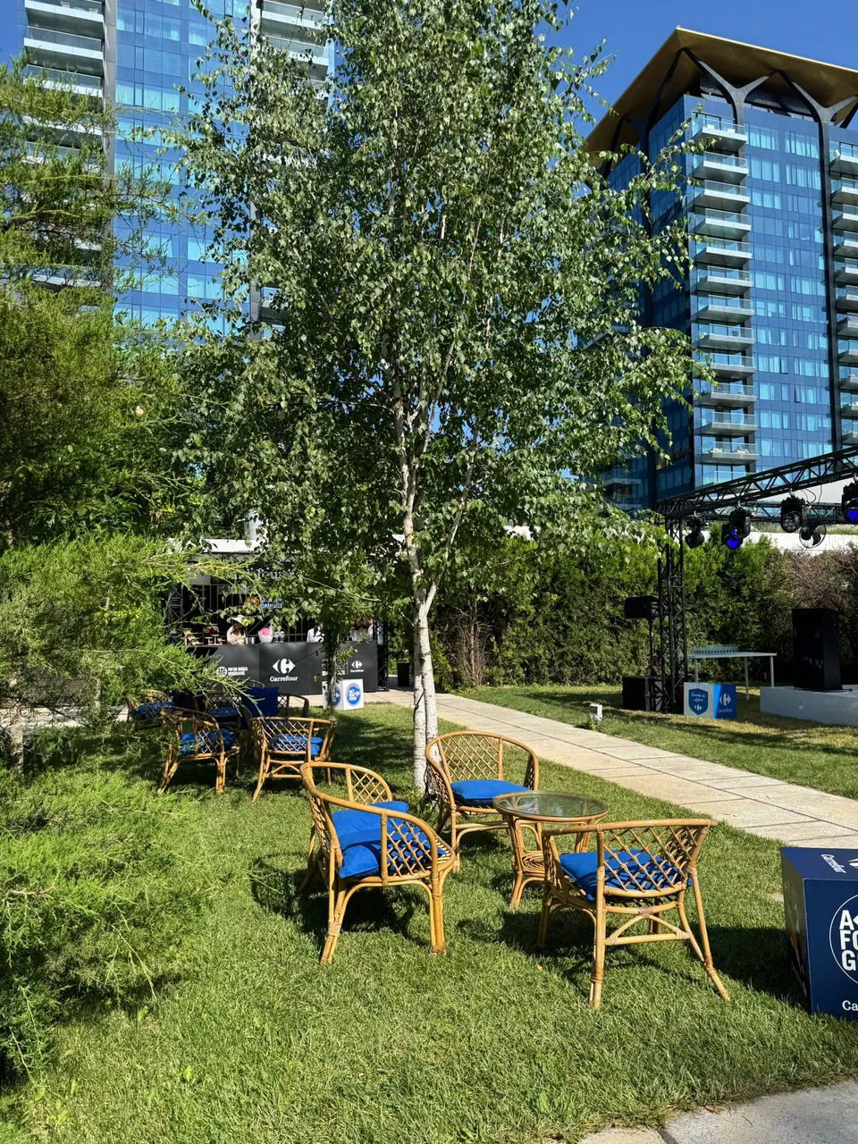 Zonă lounge în grădină, cu turnurile Floreasca în fundal